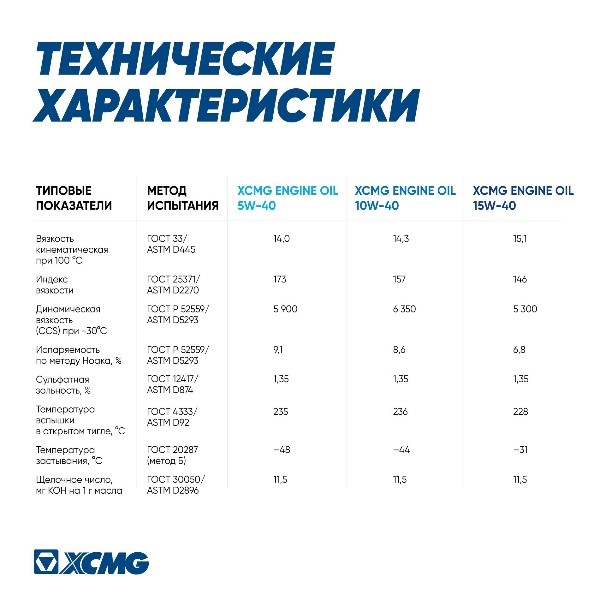 Картинка технических характеристик моторного масле XCMG от производителя